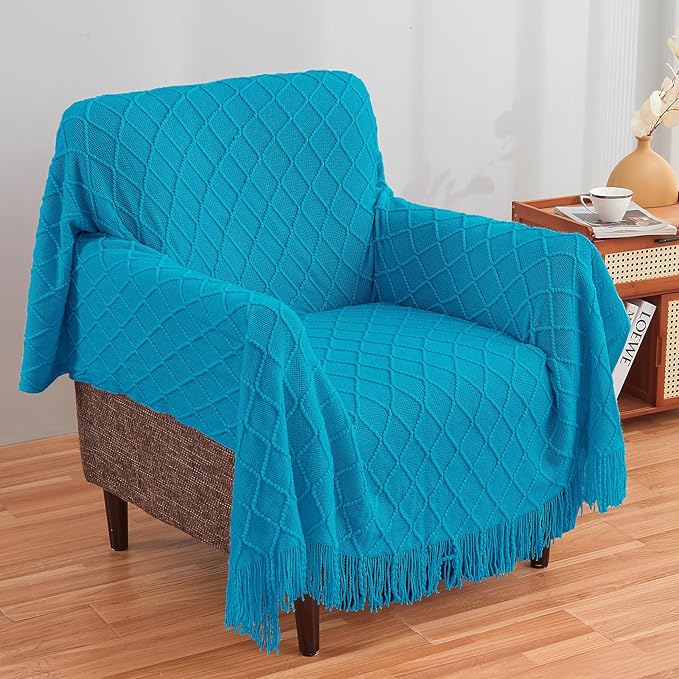 inhand Teal Throw Blanket for Couch and Bed, Soft Living Room Home Decor Knitted Blanket with Tassel, Outdoor Lightweight Breathable Summer Blanket, Farmhouse Warm Woven Decorative, 50"x60"