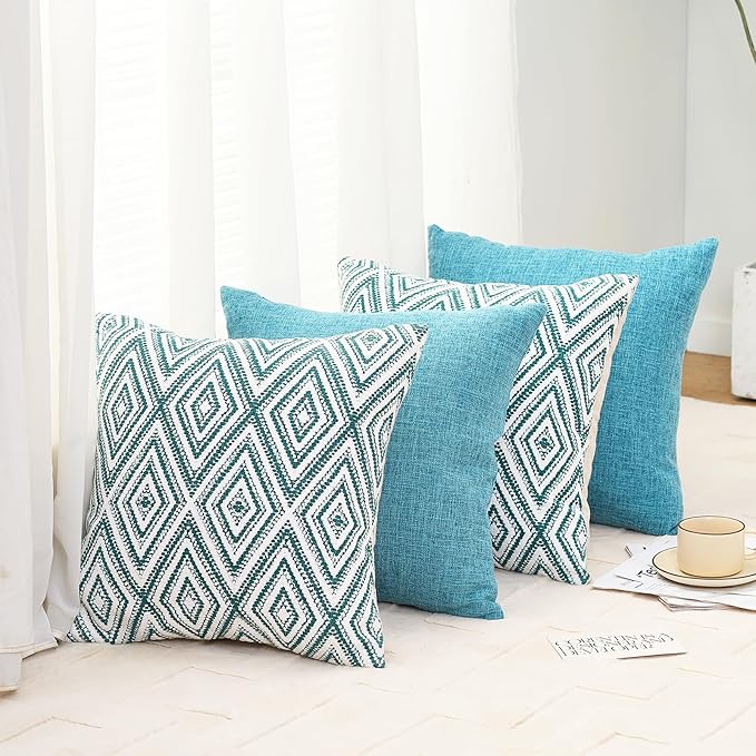 HPUK Decorative Throw Pillow Covers Set of 4 Geometric Design Linen Cushion Cover for Couch Sofa Living Room, 20"x20" inches, Aqua Blue