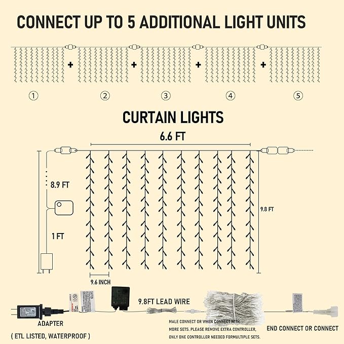 Dazzle Bright 300 LED Curtain Lights, Plug in Fairy Curtain Lights for Bedroom, Christmas Hanging String Lights Outdoor for Window Backdrop Wall Wedding Patio Indoor Dorm Party Decor, Warm White