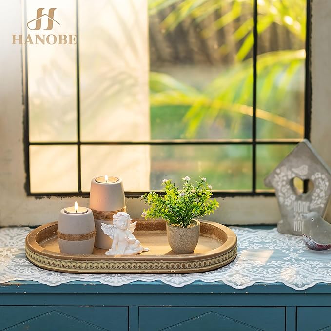 Hanobe Decorative Serving Tray Wood: Brown Bead Oval Tray for Coffee Table Rustic Wooden Trays Decor Farmhouse Kitchen Counter Tray Vintage Centerpiece for Living Room Home Organizer