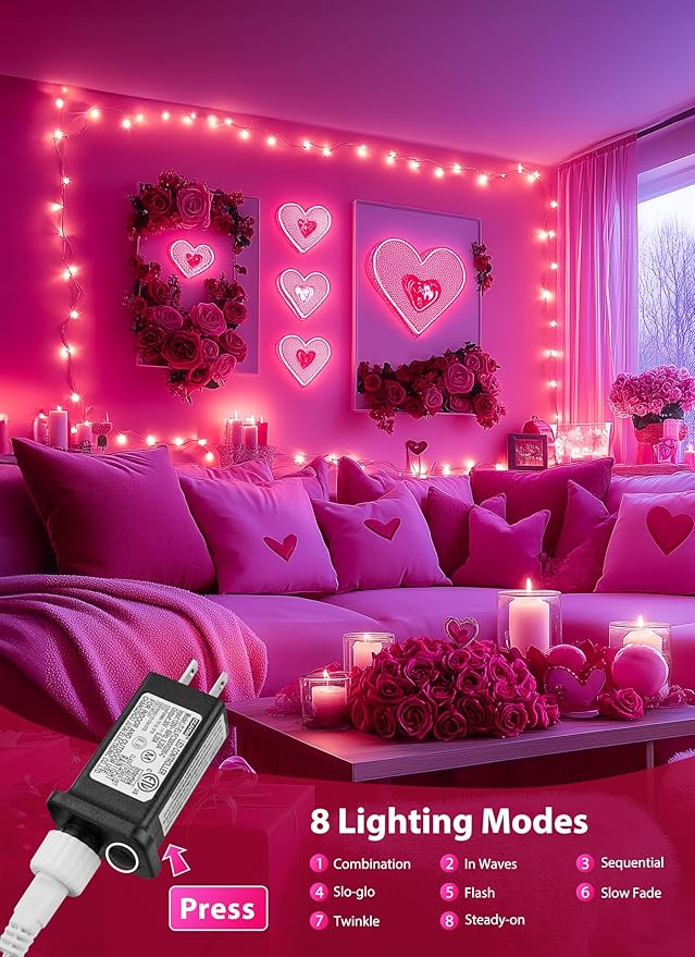 Pink Christmas Mini Lights, 39Feet 100 LED Pink String Light with 8 Lighting Modes, Connectable Valentine's Lights for Indoor Outdoor Valentine's Day Garland Wreath Holiday Decoration, White Wire