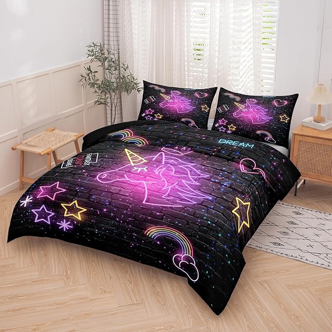 Tailor Shop Unicorn Comforter Sets King Size,Black Unicorn Bedding Sets for Girls Kids Teens with 2 Pillowcase…