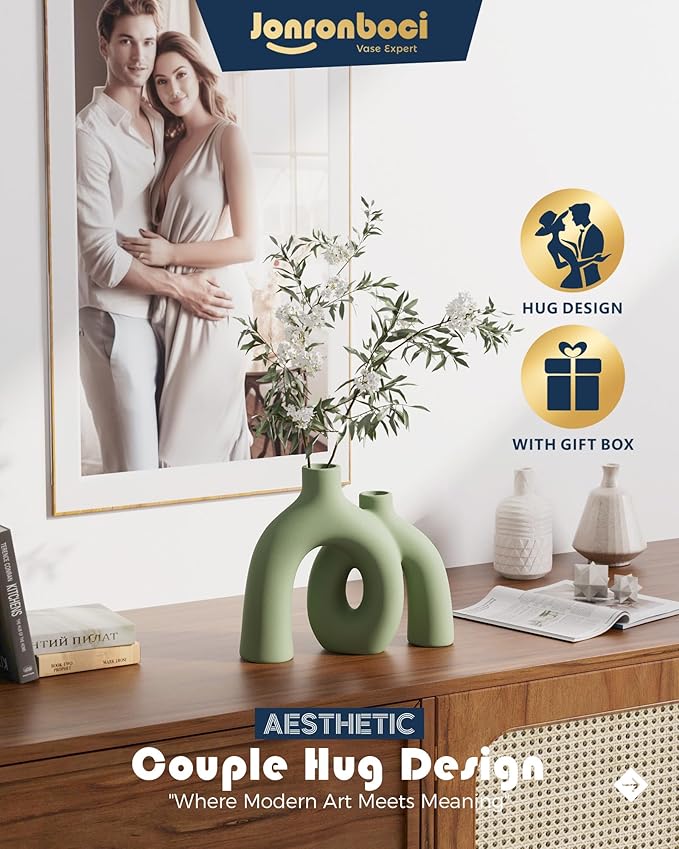 Hug Donut Decorative Vase Set - Sage Green Modern Nordic Boho Style Vases Home Decor,Matte Ceramic Decorations for Living Room Shelf, Bookshelf Mantle Entryway Table or Console Décor(Green)