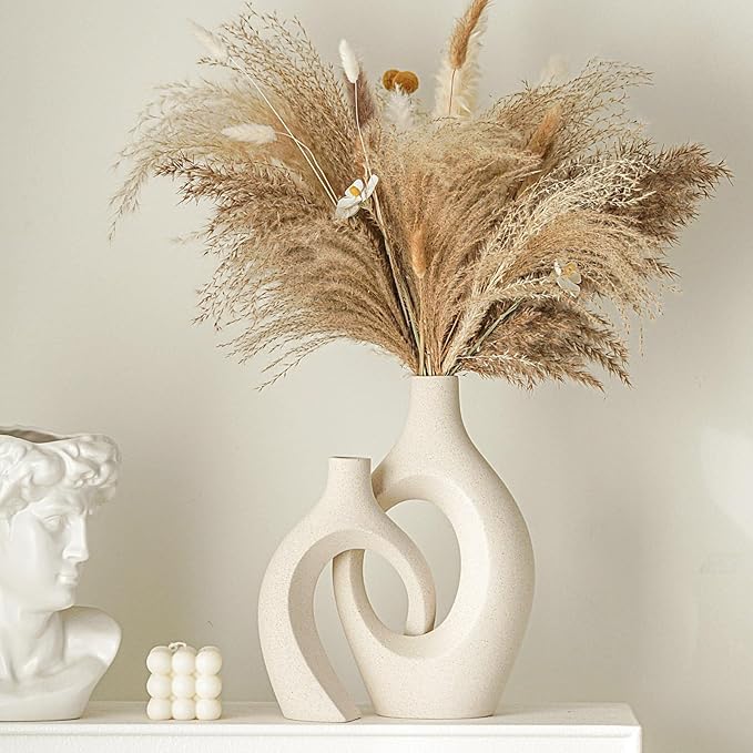 Snuggle Hollow Ceramic Vase Set of 2, Boho ins Style Round Nordic Mid Century Modern Aesthetic Decorative Vase for Home Decor (Cream W 6.8" X H 11")