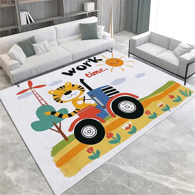 Area Rug for Living Room 3x5 ft Cartoon Farm Tiger Tractor 3D Print Decor Carpet, Non Slip Stain Resistant Large Area Rugs, for Bedroom Dining Room Office