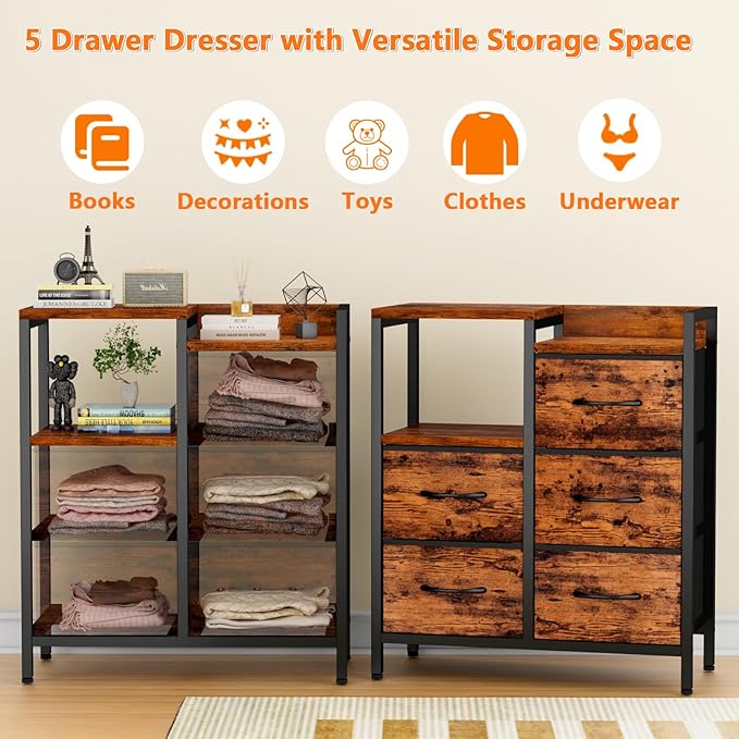 Furnulem 5 Drawer Rustic Brown Dressers for Bedroom 2 Tier Shelf Storage Small Fabric Dresser for Closet Sturdy Metal Frame Modern Style Storage Cabinets Organization Units for Hallway Rooms