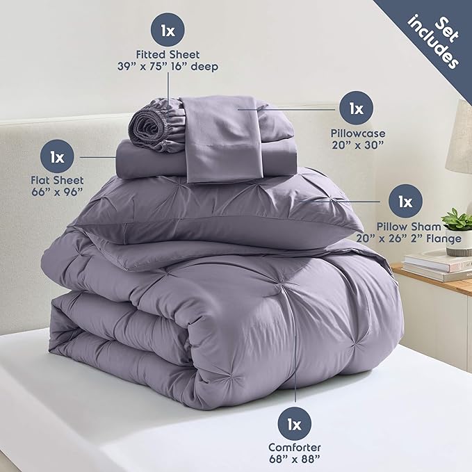 Nestl Twin Comforter Set 5 Piece - Pintuck Twin Bedding Sets Dusty Purple, College Room Essentials for Girls and Boys Bed in a Bag All Season, Comforter Set with Sheets, Pillowcase and Sham