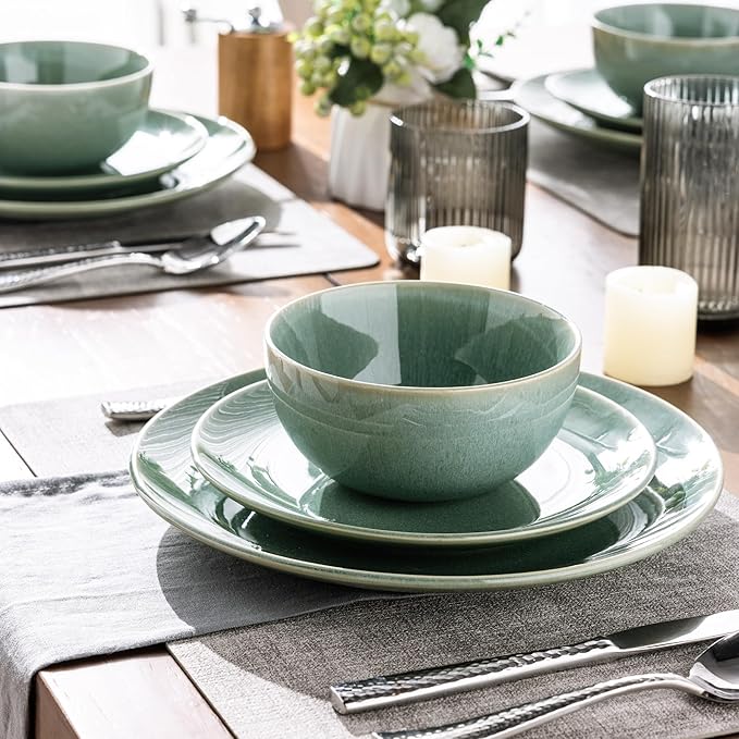 GBHOME Ceramic Dinnerware Sets for 4, 12 Pieces Stoneware Plates and Bowls Sets, Reactive Glaze Dishes -Scratch Resistant, Dishwasher&Microwave Safe-Malachite Green