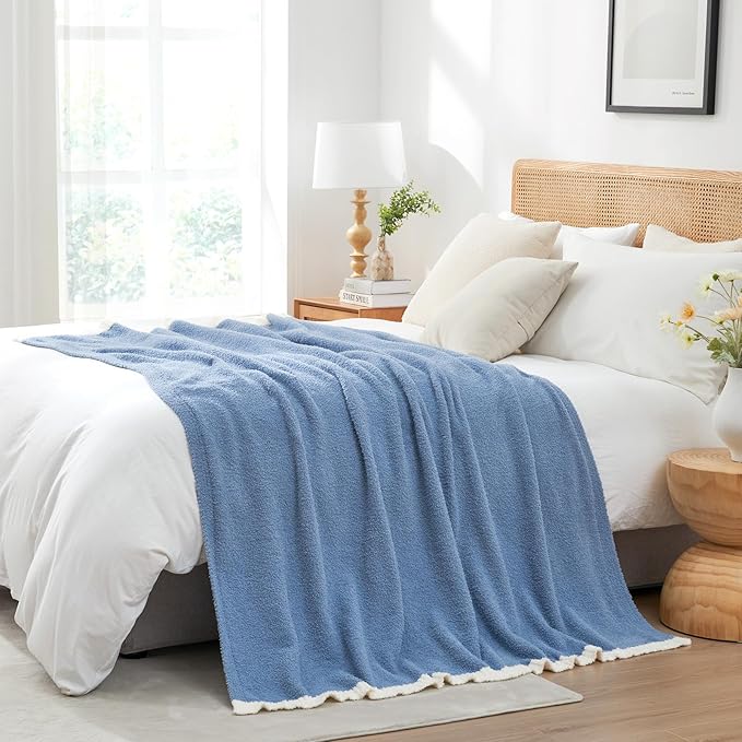 Snuggle Sac Ultra Soft Throw Blanket for Couch Bed Sofa 50x60 inches, Reversible Blue Blanket Microfiber Fluffy Fuzzy Cozy Knit Throws for Women Mothers Birthday Gifts
