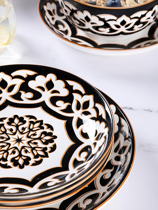 12 Pcs Porcelain Dinnerware Set for 4, Halloween-Themed Brown Floral Embossed Plates and Bowls, Euro Style Ceramic Dish Set with Gothic Vine Pattern, Dishwasher and Microwave Safe, QOMO-1996