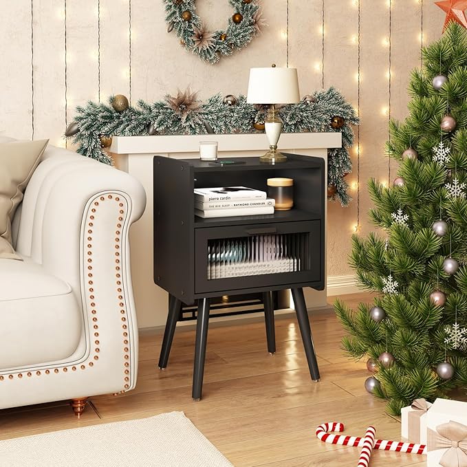 SOOWERY Mid Century Modern Nightstand, Side Table with Storage, Bedside Tables with Acrylic Drawer, End Table with Solid Wood Legs for Bedroom, Living Room and Small Spaces, Black