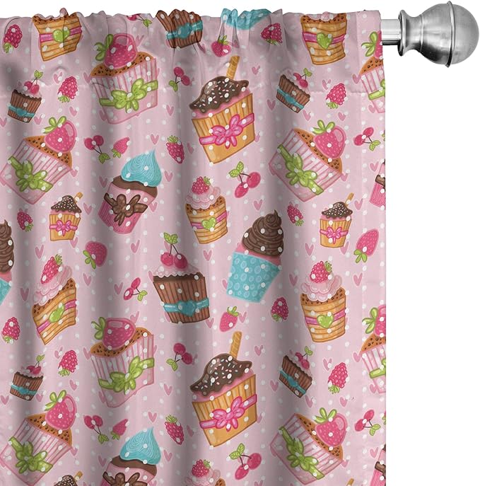 Ambesonne Pink Window Curtains, Kitchen Cupcakes Muffins Strawberries and Cherries Food Eating Sweets Print, Lightweight Decor 2-Panel Set with Rod Pocket, Pair of - 28" x 84", Brown Pink