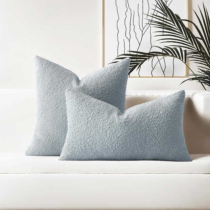 HAUSSY Set of 2 12x20 Decorative Throw Pillow Covers, Soft Cozy Textured Boucle Lumbar Pillow Cases, Home Decor for Couch Bed Living Room, Dusty Blue