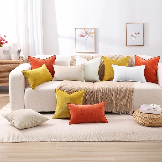 decorUhome Couch Throw Pillow Covers 26x26 Set of 2, Decorative Soft Euro Neutral Chenille Pillow Covers with Elegant Design for Sofa Bed Living Room Home Decor, Cream White