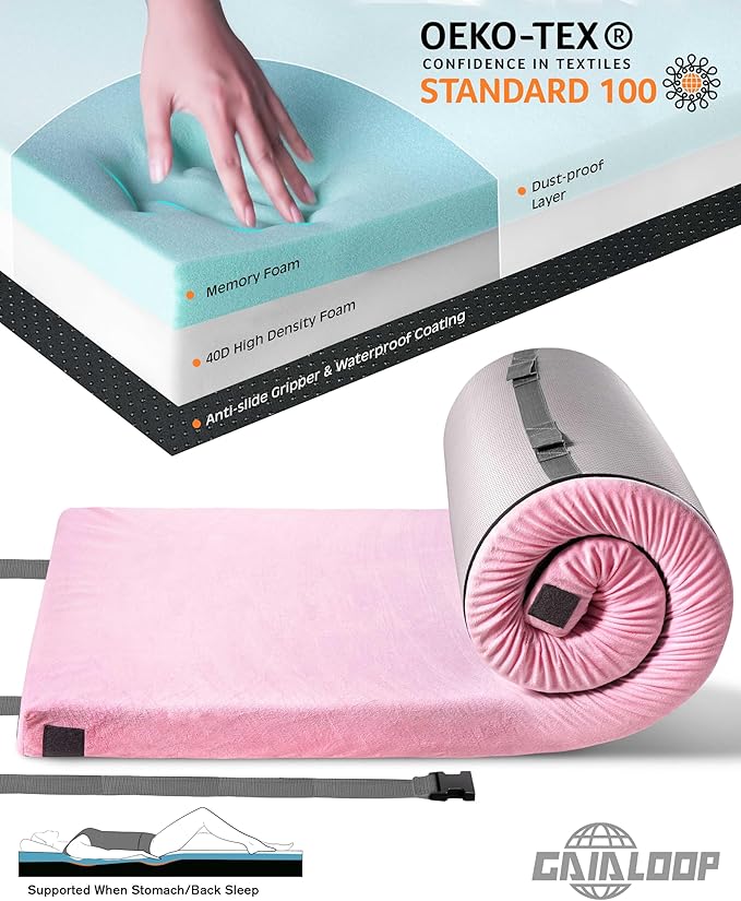 3 Inch GAIALOOP Thick Memory Foam Camping Mattress Sleeping Pad [Car/Tent/Cot] Glamping Portable Floor Mat Roll Up Futon Mattress for Guests Sleepover
