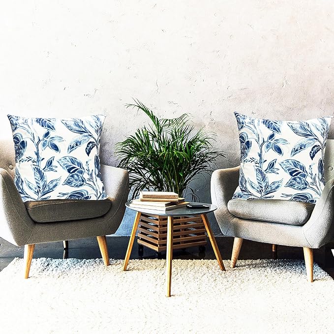 Decorative Throw Pillow Covers Set of 2 Blue Leaves Pillow Covers 20x20 inch Super Soft Short Plush Square Floral Throw Pillows,Farmhouse Outdoor Pillow Covers for Couch Bed Living Room