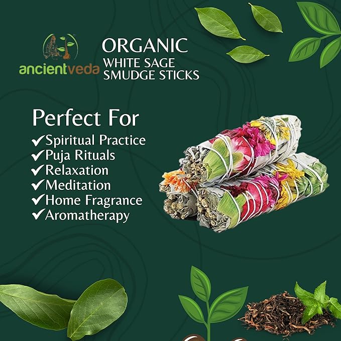 Ancient Veda Joy Organic White Sage Smudge Sticks with Flowers for Cleansing Home, Meditation, Yoga, Healing and Smudging | Sustainably Sourced California White Sage Bundles (3 Pack - 4 Inch)
