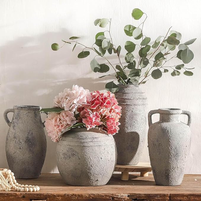Large Ceramic Rustic Vase,11.3 inch Tall Farmhouse Flower Vase with 2 Handles for Home Decor, Living Room Entryway Table Centerpiece Decor