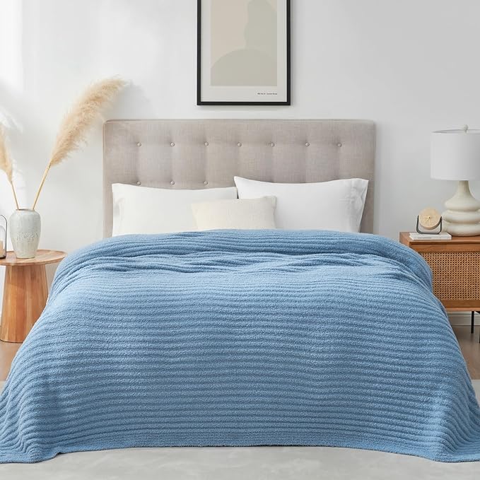 Snuggle Sac Warm King Size Blanket for Bed, Cozy Soft Fuzzy Microfiber Knit Stripe Bedding Blankets, Blue, 108x90 inches