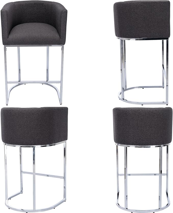 Modern Counter Height Linen Upholstered Bar Stools Set of 4, 29" Kitchen Counter Island Stools Bar Chairs with Chrome Finish Metal Frame for Kitchen Island, Charcoal