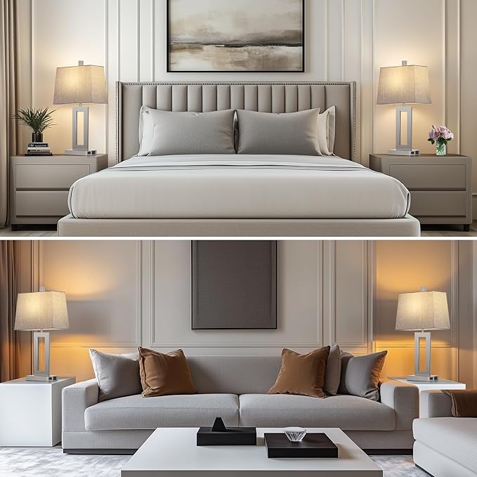 Touch Control Table Lamp Set of 2, Modern Silver Bedside Lamps with USB C+A Ports & AC Outlet, 3 Way Dimmable Bedroom Lamps for Night Stands Bedroom Living Room,Nightstand Lamp