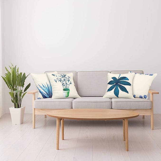 Ambesonne Botanical Throw Pillow Cushion Case Pack of 4, Minimalist Watercolor Painting Leaves Agave Branches Plant in a Pot, Modern Accent Double-Sided Digital Printing, 18", Dark Turquoise Ceil Blue