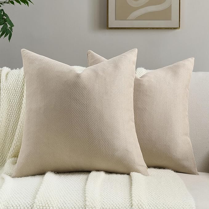 FUTEI Oatmeal Chenille Throw Pillow Covers 22x22 Inch Set of 2,Soft Wide Chevron Textured Cushion Case,Farmhouse Home Decor for Couch Living Room