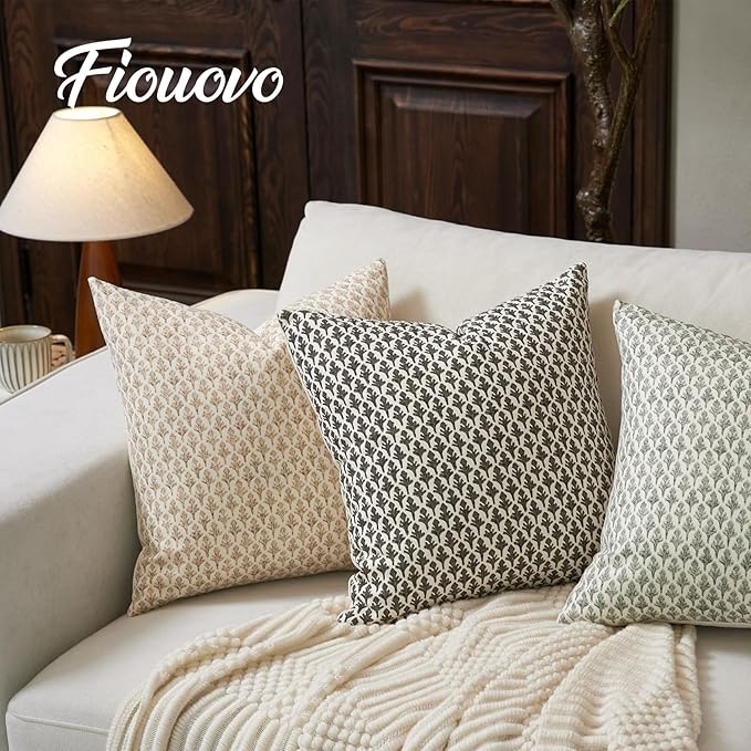 Floral Pillow Covers 18x18 Pillow Cover Block Print Couch Pillows for Living Room Decorative Neutral Accent Throw Pillow Covers, 1PC, Cognac Brown