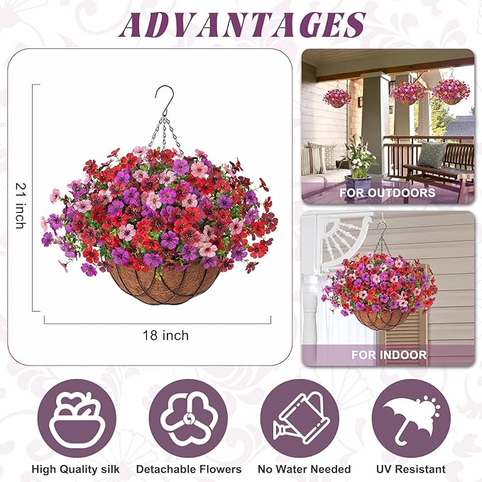 Artificial Silk Flowers Hanging Baskets Outdoors Indoors, Fake Daisy with Eucalyptus Leaves Arrangement for Garden Yard Spring Summer Decor Faux Green Plant(Red Brown Purple Pink)