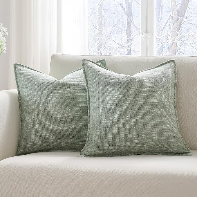 Meekio Set of 2 Sage Green Pillow Covers 18x18, Linen Look Throw Pillow Covers with Flange Edge for Sofa Couch Living Décor