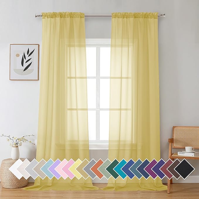 Aiyufeng Yellow Sheer Curtains 2 Panel Sets 96 Inches Long - Transparent Light Weight Soft Yellow Window Treatment Panels for Study Room/Living Room/Guest Room, Per Panel W42 X L96 inches