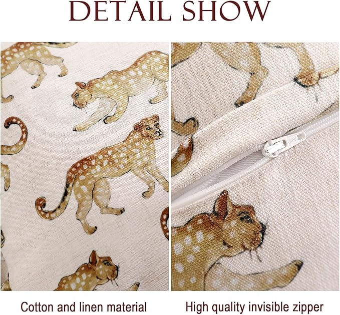 patdrea Designer Throw Pillow Covers for Couch 18"x18",Vintage Linen Pillows Cover with Cheetah Pattern and Luxury Pendant,Farmhouse Decorative Pillowcases for Bed Living Room Outdoor Set of 2