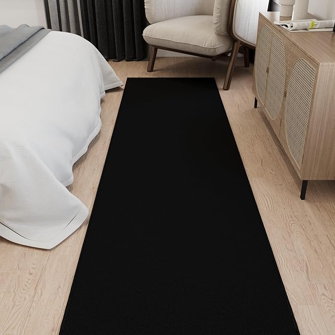 Ottomanson 3x23 Non Slip Extra Long Hallway Runner Rug with Rubber Backing - Solid Modern Kitchen Rug for Bedroom or Living Room, Black, 2'7" x 23'