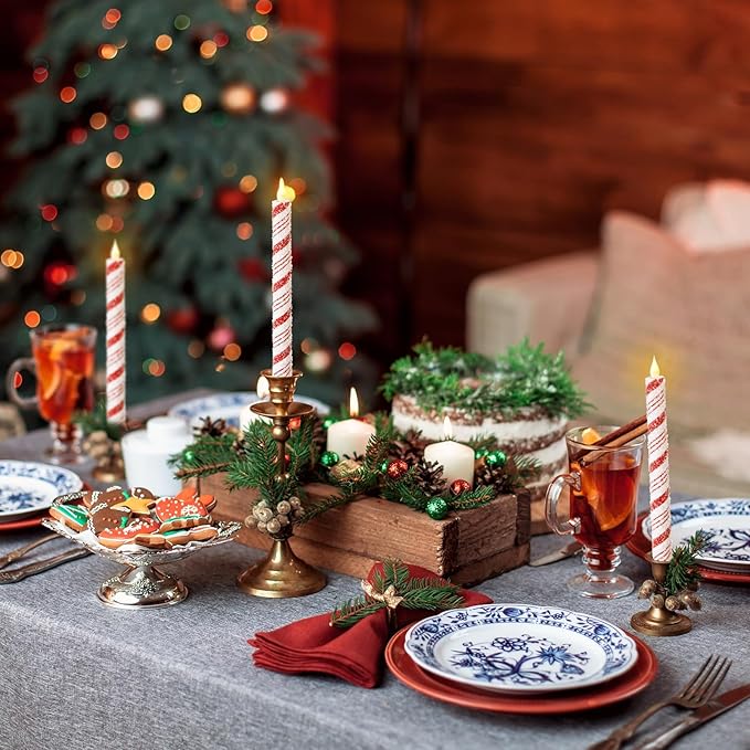 Baquler 6 Pcs Christmas Flameless Taper Candles 10.6 Inch Sea Salt Candy Cane Candles Battery Operated LED Christmas Candlesticks for Xmas Centerpiece Holiday Party Decor