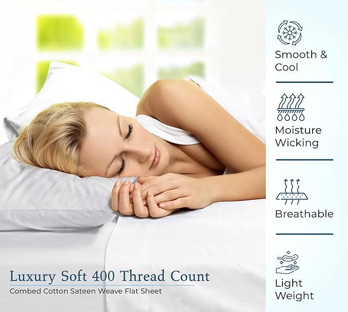 400 Thread Count 100% American Grown Cotton White Flat Sheet Only - Cooling Sheets - Luxury Sateen Weave - Twin Size Flat Sheet Sold Separately - Super Soft Cotton Top Sheets (Twin, Signature White)