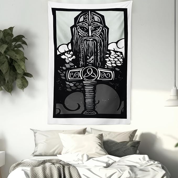 Lunarable Viking Tapestry, Thor Son of Odin Monochrome Design Guardian of Asgard Scandinavian Culture, Wall Hanging for Bedroom Living Room Dorm Decor, 40" X 60", Black White
