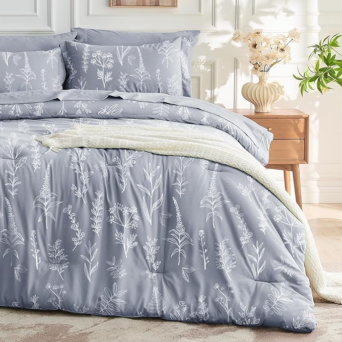 MUXHOMO Light Grey Full Comforter Set, Elegant Floral Print Bed in a Bag 7 Pieces, Ultra Soft & Breathable Reversible Botanical Pattern Bedding Set with Comforter, Sheets, Pillowcases, and Shams