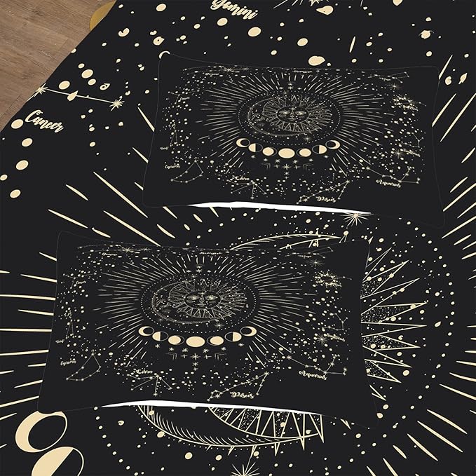 Tailor Shop Sun and Moon Bedding Set Full for Girls Boys Kids Teens Bedroom Decor, 3D Print Boho Exotic Black Gray Comforter Set Full Bedding with 2 Matching Pillowcases