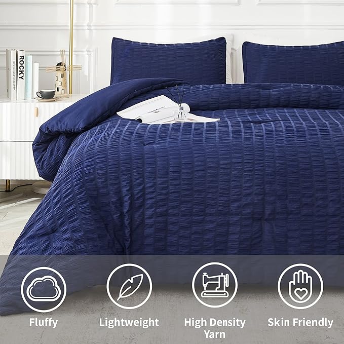 AveLom Seersucker Full Comforter Set (80x90 inches), 3 Pieces - 100% Soft Washed Microfiber Lightweight Comforter with 2 Pillowcases, All Season Down Alternative Comforter Set for Bedding, Navy