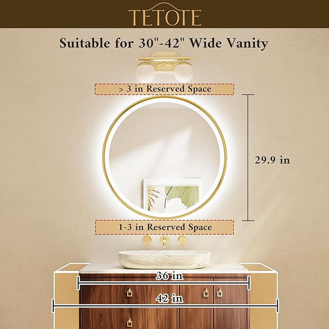 TETOTE Round Led Lighted Bathroom Mirror Matte Black Frame 30 Inch Front and Backlit Circle Round Light up Vanity Mirror with Lights, 3 Color Illuminated Dimmable Anti Fog Wall Mount, IP54 CRI 90+