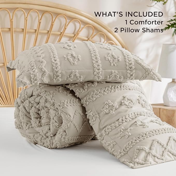 Bedsure Tufted Boho Comforter Set Oversized King - Linen Boho Bed Set, GentleSoft™ 3 Pieces Farmhouse Shabby Chic Embroidery Bedding, Gifts for Woman, Soft Jacquard Comforter for All Seasons