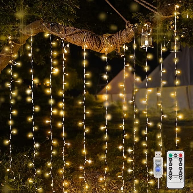 suddus Curtain Lights for Bedroom, 200 Led Hanging String Light Outdoor, Fairy Curtain Lights Indoor for Christmas, Dorm, Wall, Backdrop, Window, Wedding, Party, Birthday Decor, Warm White