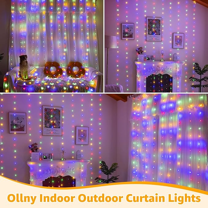 Ollny Curtain Lights 600LED 19.7ft x 9.8ft, IP67 Waterproof Outdoor Curtain Rice Lights with Remote, Plug-in Untangle Fairy Light with 8 Modes 3 Timers for Wall Waterfall Backdrop Decor(Multicolored)