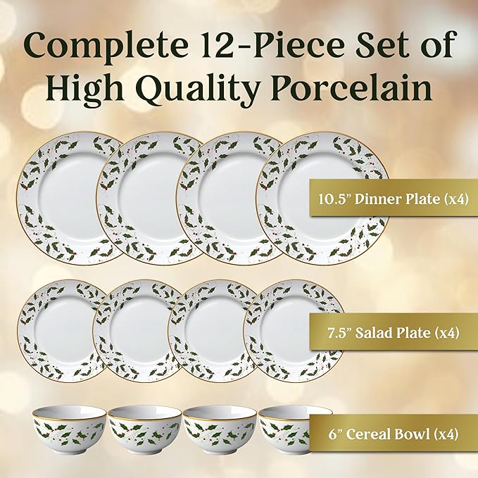 Gusto Buono Christmas World Porcelain 12Pcs Dinnerware Set – Red & Green Holly Leaf Design | 4 Cereal Bowls (5.5”), 4 Salad Plates (7.5”), 4 Dinner Plates (10.5”) - Perfect for Holiday Meals