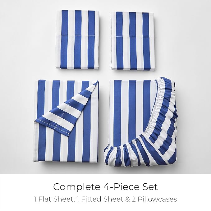 Mellanni Queen Sheets Set - 4 PC Iconic Collection Bedding - Hotel Luxury, Extra Soft, Cooling Bed Sheets - Wrinkle, Fade, Stain Resistant (Queen, Oxford Stripe Blue Nova)