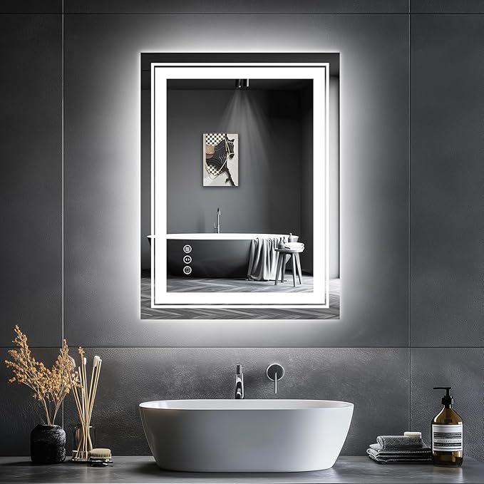 LED Bathroom Mirror, 20"x28" Mirror with Front and Backlit, Anti-Fog, Bathroom Vanity Mirror for Wall, Memory, Stepless Dimmable, Tempered Glass (Horizontal/Vertical)