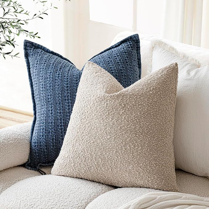 Foindtower Textured Boucle Throw Pillow Covers Accent Solid Pillow Cases Cozy Soft Decorative Couch Cushion Case for Chair Sofa Bedroom Living Room Home Decor, 18 x 18 Inch,Beige Oatmeal