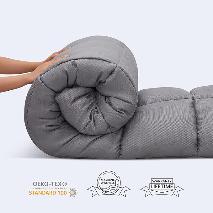 SLEEP ZONE Cooling Mattress Topper Full Size Quilted Fitted Mattress Pad Cover, Soft Fluffy Down Alternative Pillow Top Bed Topper Deep Pocket 8-21 Inch (Grey, Full)
