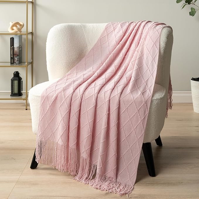 PAVILIA Light Pink Knit Throw Blanket for Couch Bed, Soft Knitted Farmhouse Sofa Throw for Living Room, Lightweight Decorative Summer Throw Blanket for Chair, Outdoor Textured Boho Blanket, 50x60