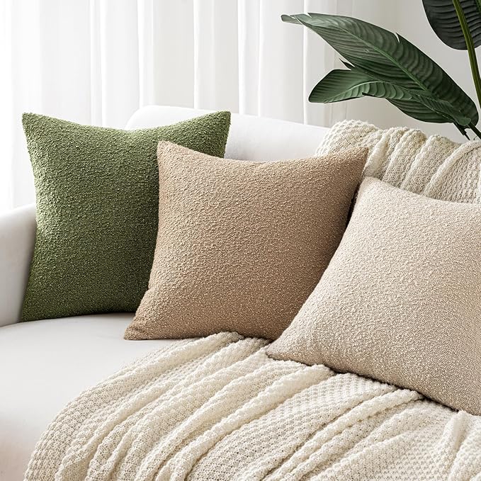 Woaboy Pack of 2 18x18 Inch Decorative Boucle Throw Pillow Covers Textured Square Pillowcaes Accent Solid Cozy Soft Cushion Covers Home Decor for Sofa Couch Living Room Home Decor,Neutral